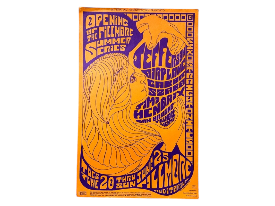 Vintage 1967 Psychedelic Concert Poster For The 'Opening Of The Fillmore Summer Series' Concerts In San Francisco Featuring Jefferson Airplane, The Jimi Hendrix Experience Bill Graham Presents BG-69 Artwork By Clifford Charles Seeley 14' X 22'