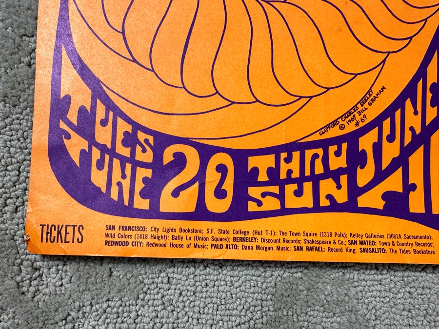 Vintage 1967 Psychedelic Concert Poster For The 'Opening Of The Fillmore Summer Series' Concerts In San Francisco Featuring Jefferson Airplane, The Jimi Hendrix Experience Bill Graham Presents BG-69 Artwork By Clifford Charles Seeley 14' X 22' [Photo 7]