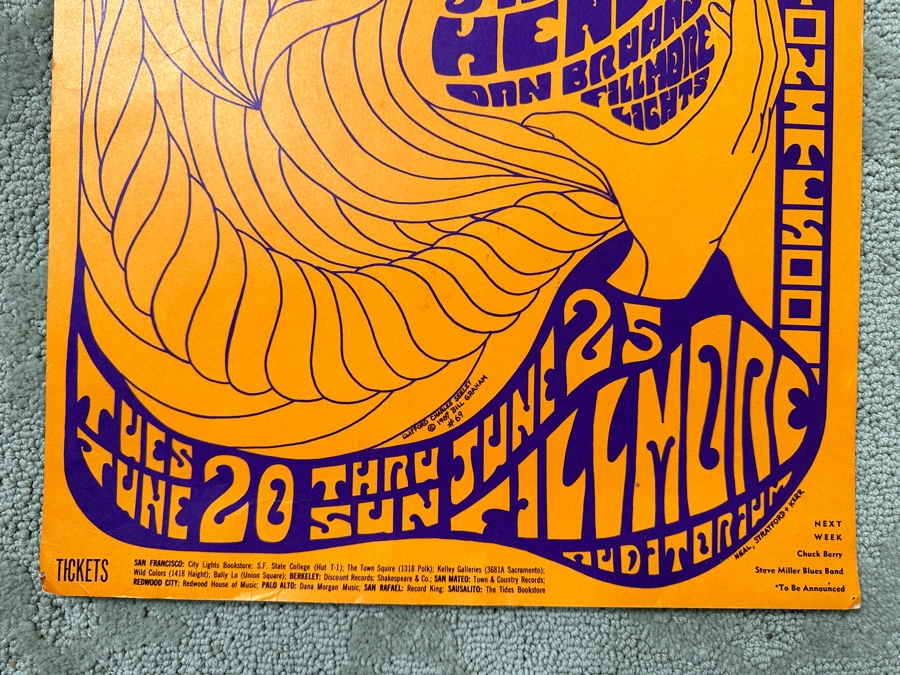 Vintage 1967 Psychedelic Concert Poster For The 'Opening Of The Fillmore Summer Series' Concerts In San Francisco Featuring Jefferson Airplane, The Jimi Hendrix Experience Bill Graham Presents BG-69 Artwork By Clifford Charles Seeley 14' X 22' [Photo 5]