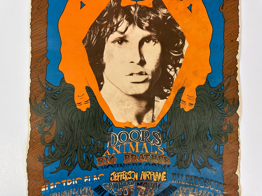 Vintage Northern California Folk-Rock Festival Poster. Features Jim Morrison's Face Framed By Orange Hands. Psychedelic Blues, Browns, And Greens Announce The Doors & Jefferson Airplane. [Photo 6]