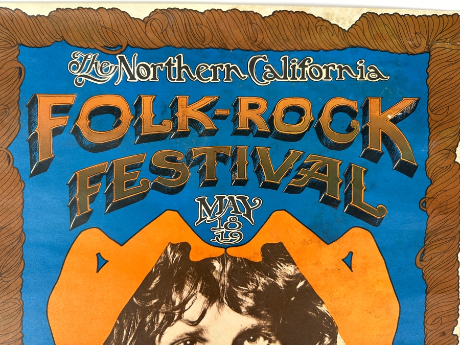 Vintage Northern California Folk-Rock Festival Poster. Features Jim Morrison's Face Framed By Orange Hands. Psychedelic Blues, Browns, And Greens Announce The Doors & Jefferson Airplane. [Photo 4]