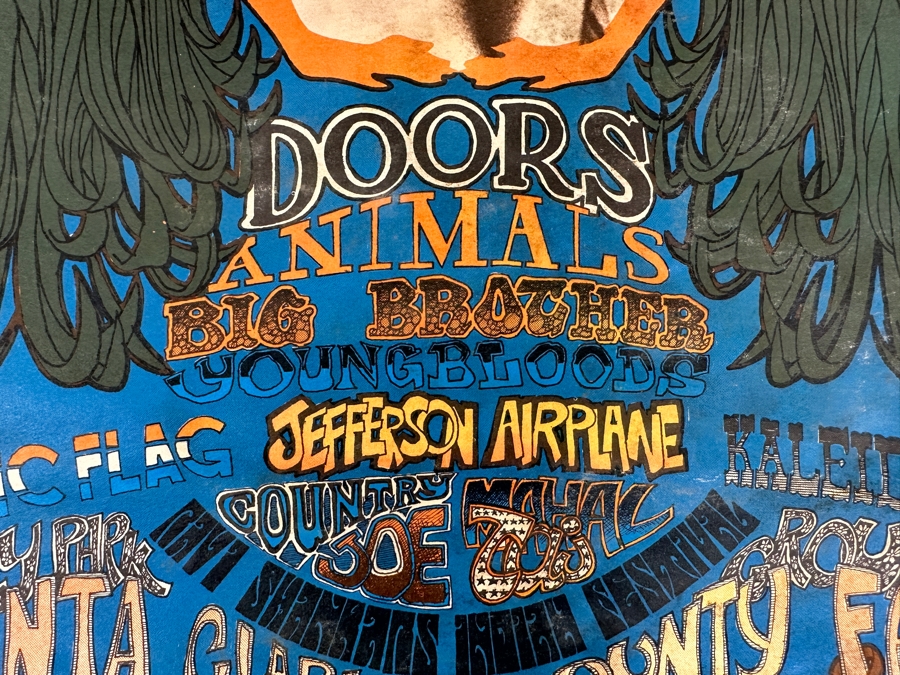 Vintage Northern California Folk-Rock Festival Poster. Features Jim Morrison's Face Framed By Orange Hands. Psychedelic Blues, Browns, And Greens Announce The Doors & Jefferson Airplane. [Photo 8]