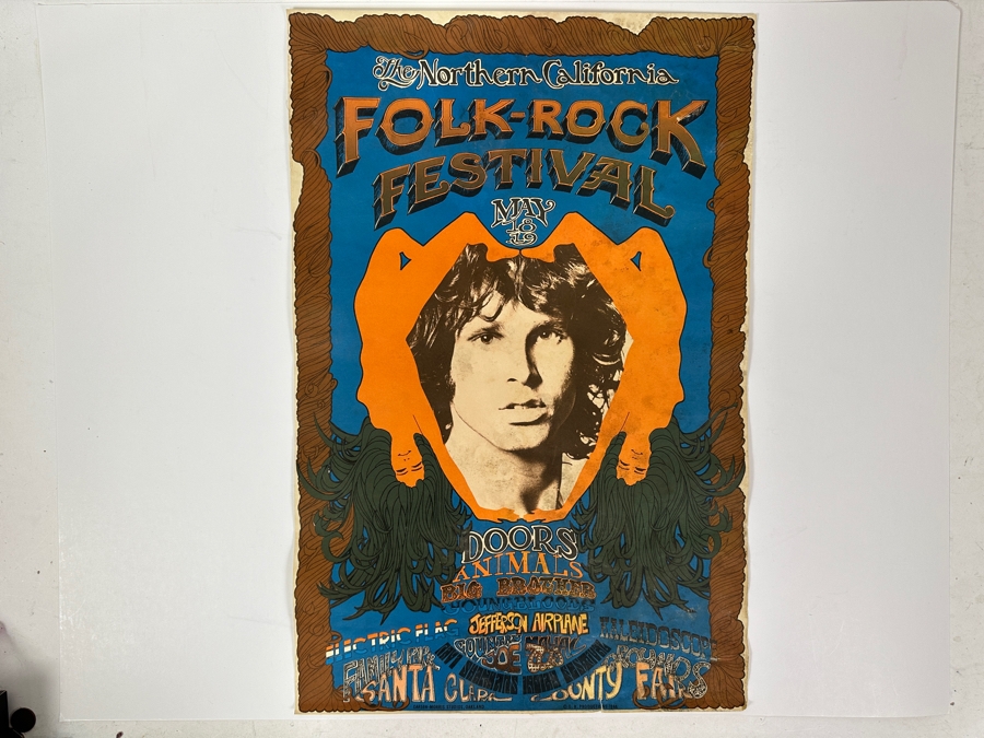 Vintage Northern California Folk-Rock Festival Poster. Features Jim Morrison's Face Framed By Orange Hands. Psychedelic Blues, Browns, And Greens Announce The Doors & Jefferson Airplane. [Photo 2]
