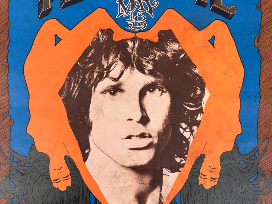 Vintage Northern California Folk-Rock Festival Poster. Features Jim Morrison's Face Framed By Orange Hands. Psychedelic Blues, Browns, And Greens Announce The Doors & Jefferson Airplane. [Photo 5]