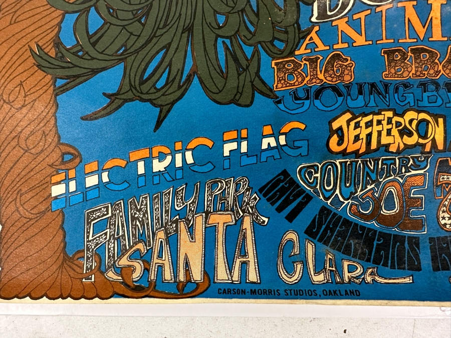 Vintage Northern California Folk-Rock Festival Poster. Features Jim Morrison's Face Framed By Orange Hands. Psychedelic Blues, Browns, And Greens Announce The Doors & Jefferson Airplane. [Photo 9]