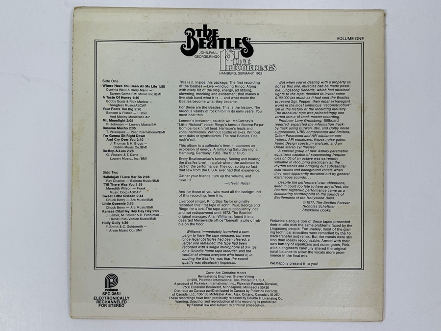 The Beatles - 1st Live Recordings Volume One: Hamburg, Germany, 1962 Pickwick SPC-3661 1979 Vinyl Record [Photo 2]