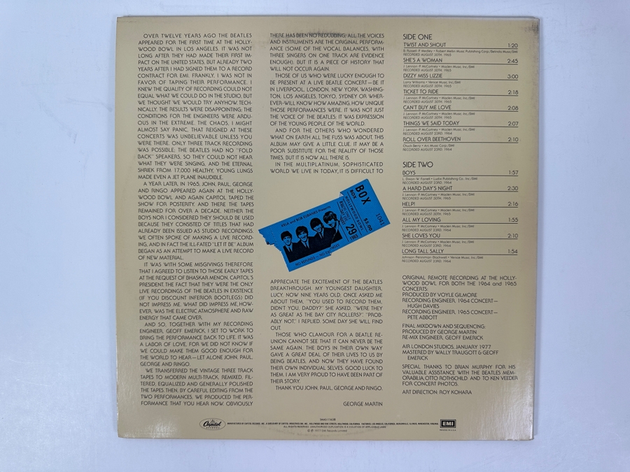 The Beatles - At The Hollywood Bowl - Capitol Records SMAS-11638 1977 Vinyl Record [Photo 6]