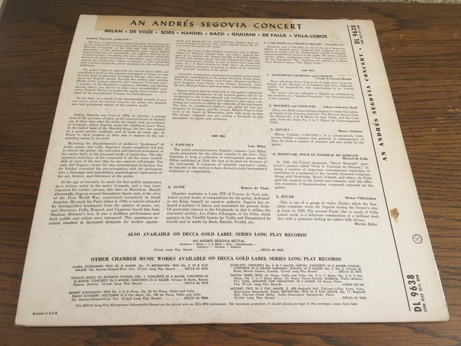 Andrés Segovia ‎- An Andrés Segovia Concert - Decca ‎- DL 9638 [Photo 2]