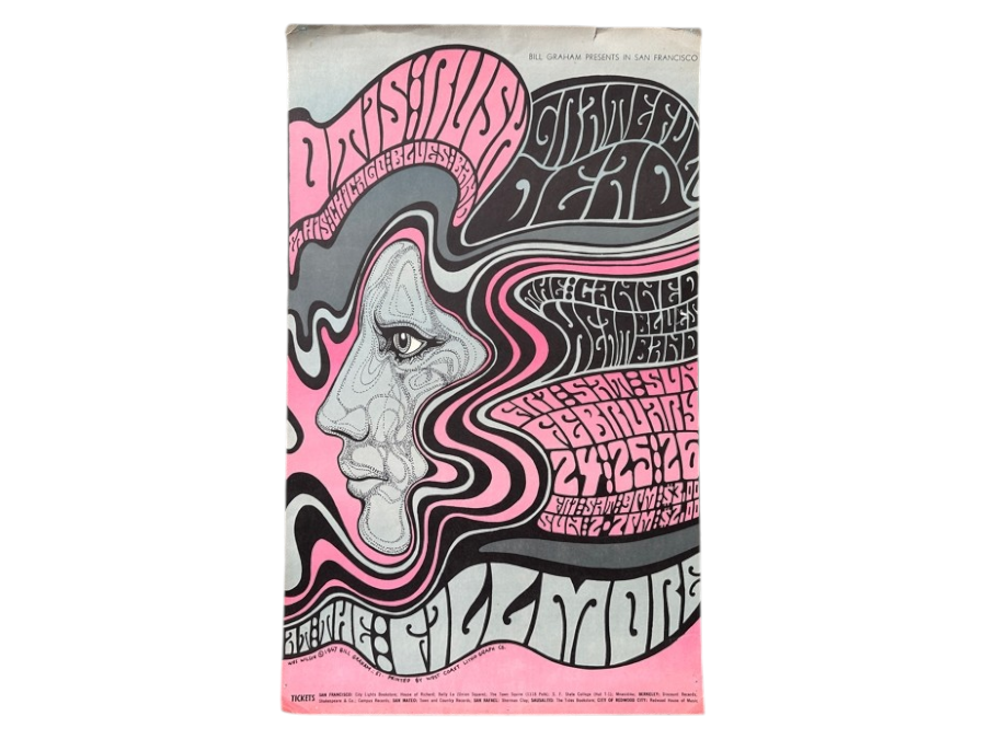 Just Added - Vintage 1967 Psychedelic Concert Poster By Wes Wilson For Shows At The Fillmore Auditorium In San Francisco Featuring The Grateful Dead, Otis Rush And His Chicago Blues Band And Canned Heat (BG-51) 13.5' X 22'