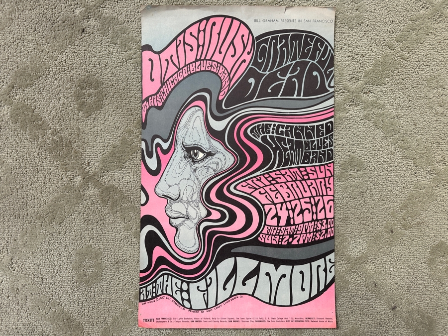 Just Added - Vintage 1967 Psychedelic Concert Poster By Wes Wilson For Shows At The Fillmore Auditorium In San Francisco Featuring The Grateful Dead, Otis Rush And His Chicago Blues Band And Canned Heat (BG-51) 13.5' X 22' [Photo 2]