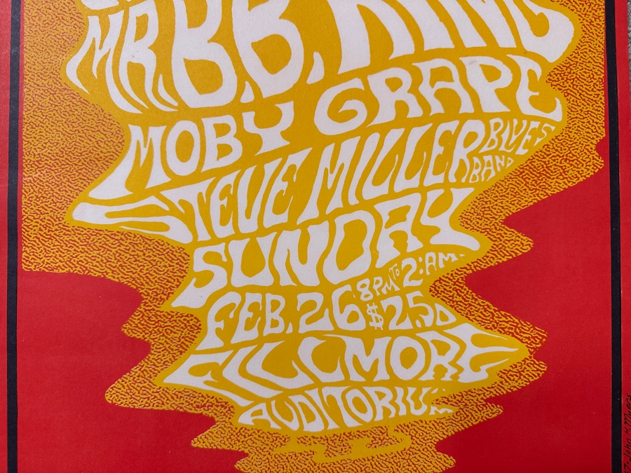 Just Added - Vintage 1967 Bill Graham Presents Concert Poster (BG-52) One Night Only Performance By B.B. King, Moby Grape, Steve Miller Blues Band Concert Poster Fillmore, San Francisco Designed By John H. Myers 13.75' X 22' [Photo 5]
