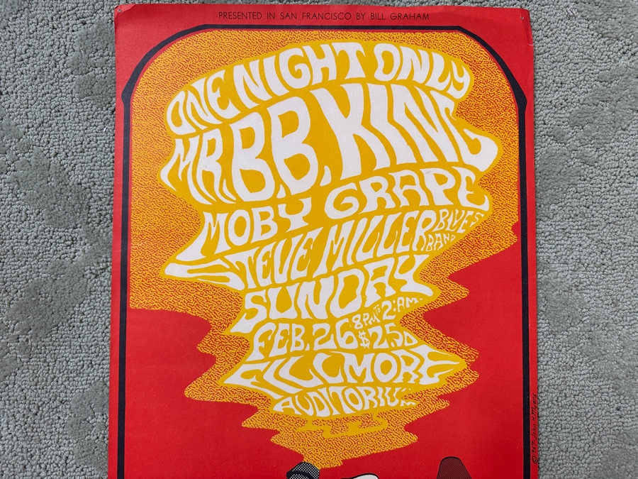 Just Added - Vintage 1967 Bill Graham Presents Concert Poster (BG-52) One Night Only Performance By B.B. King, Moby Grape, Steve Miller Blues Band Concert Poster Fillmore, San Francisco Designed By John H. Myers 13.75' X 22' [Photo 3]