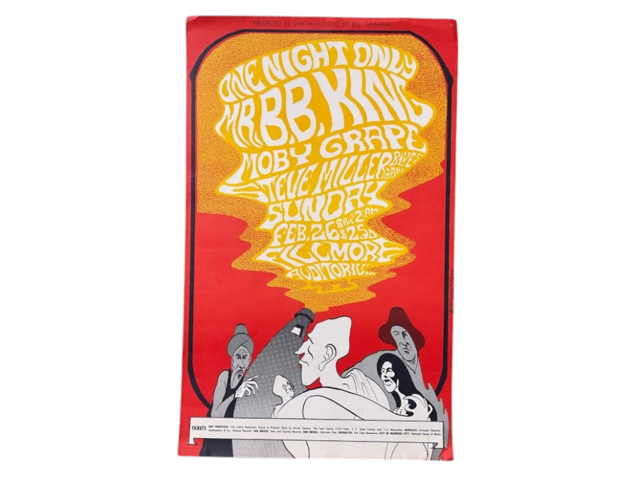Just Added - Vintage 1967 Bill Graham Presents Concert Poster (BG-52) One Night Only Performance By B.B. King, Moby Grape, Steve Miller Blues Band Concert Poster Fillmore, San Francisco Designed By John H. Myers 13.75' X 22'