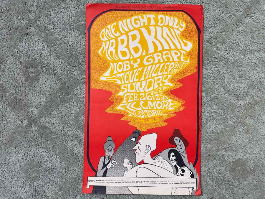 Just Added - Vintage 1967 Bill Graham Presents Concert Poster (BG-52) One Night Only Performance By B.B. King, Moby Grape, Steve Miller Blues Band Concert Poster Fillmore, San Francisco Designed By John H. Myers 13.75' X 22' [Photo 2]