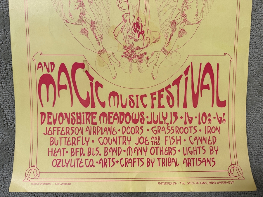 Just Added - Vintage 1967 Fantasy Faire And Magic Music Festival Concert Poster Northridge, CA Featuring Jefferson Airplane, The Doors, The Grassroots, Iron Butterfly, Country Joe And The Fish And Canned Heat Designed By Penny Harvard 14.5' X 20.5' [Photo 4]