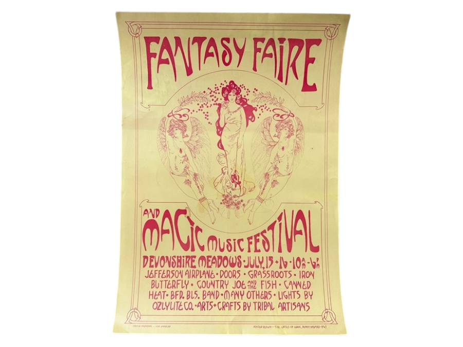 Just Added - Vintage 1967 Fantasy Faire And Magic Music Festival Concert Poster Northridge, CA Featuring Jefferson Airplane, The Doors, The Grassroots, Iron Butterfly, Country Joe And The Fish And Canned Heat Designed By Penny Harvard 14.5' X 20.5'