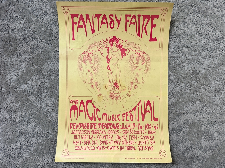 Just Added - Vintage 1967 Fantasy Faire And Magic Music Festival Concert Poster Northridge, CA Featuring Jefferson Airplane, The Doors, The Grassroots, Iron Butterfly, Country Joe And The Fish And Canned Heat Designed By Penny Harvard 14.5' X 20.5' [Photo 2]
