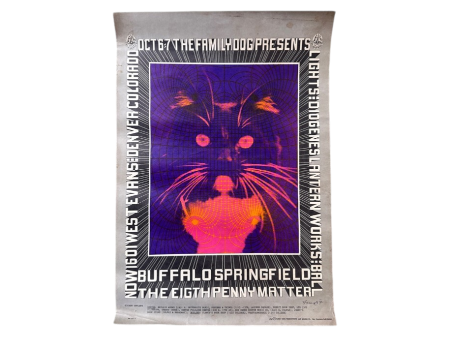 Just Added - 1967 Family Dog Presents Concert Poster For Buffalo Springfield And The Eigth Penny Matter In Denver, CO No. FDD-5 Artwork By Robert Fried 14' X 20'