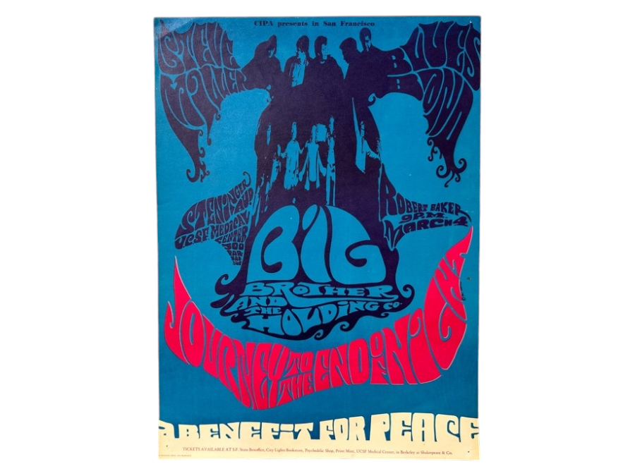 Just Added - Vintage 1967 Psychedelic Concert Poster 'Benefit For Peace' Big Brother & The Holding Company (Janis Joplin), The Steve Miller Blues Band And Robert Baker Performing At The UCSF In San Francisco (FD-119) Designed By Krefting 13.5' X 18.5'