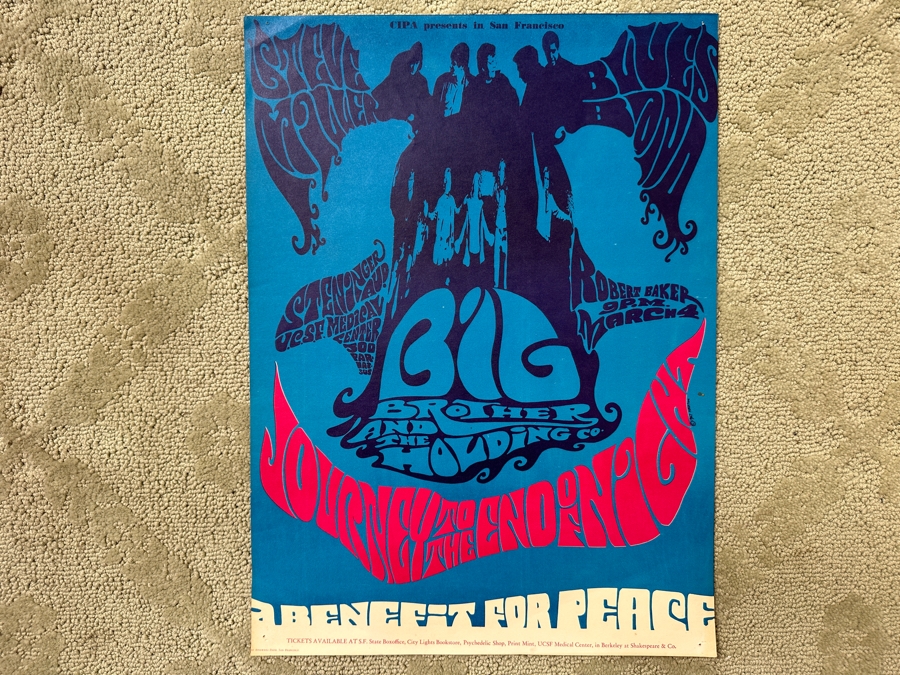 Just Added - Vintage 1967 Psychedelic Concert Poster 'Benefit For Peace' Big Brother & The Holding Company (Janis Joplin), The Steve Miller Blues Band And Robert Baker Performing At The UCSF In San Francisco (FD-119) Designed By Krefting 13.5' X 18.5' [Photo 2]