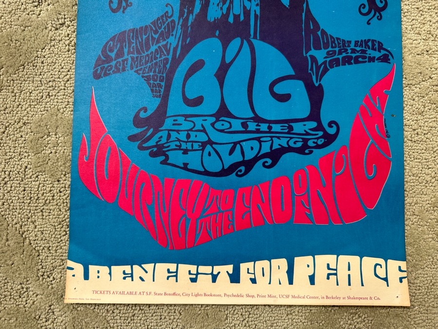 Just Added - Vintage 1967 Psychedelic Concert Poster 'Benefit For Peace' Big Brother & The Holding Company (Janis Joplin), The Steve Miller Blues Band And Robert Baker Performing At The UCSF In San Francisco (FD-119) Designed By Krefting 13.5' X 18.5' [Photo 8]