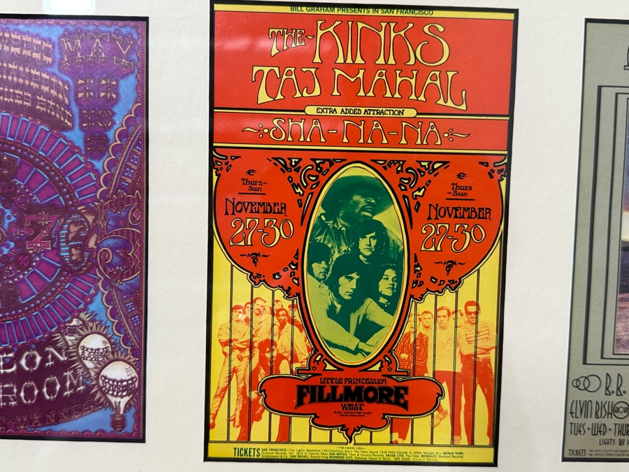 Just Added - (4) Vintage Sixties Psychedelic Concert Handbills From Avalon Ballroom / Fillmore Auditorium In SF: Jefferson Airplane, Muddy Waters, Butterfield Blues Band, B.B. King, The Kinks, Taj Mahal, Santana Blues Band & More Framed 25.5' X 12' [Photo 4]