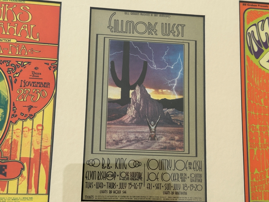 Just Added - (4) Vintage Sixties Psychedelic Concert Handbills From Avalon Ballroom / Fillmore Auditorium In SF: Jefferson Airplane, Muddy Waters, Butterfield Blues Band, B.B. King, The Kinks, Taj Mahal, Santana Blues Band & More Framed 25.5' X 12' [Photo 8]