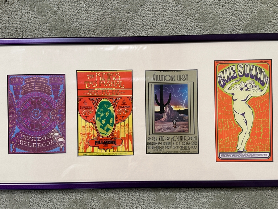 Just Added - (4) Vintage Sixties Psychedelic Concert Handbills From Avalon Ballroom / Fillmore Auditorium In SF: Jefferson Airplane, Muddy Waters, Butterfield Blues Band, B.B. King, The Kinks, Taj Mahal, Santana Blues Band & More Framed 25.5' X 12' [Photo 3]