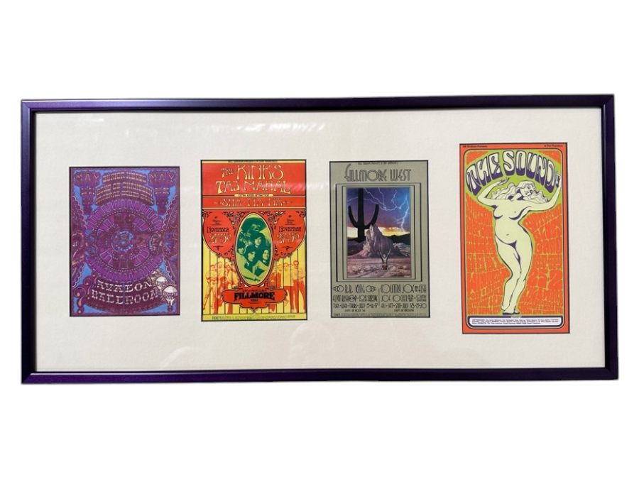 Just Added - (4) Vintage Sixties Psychedelic Concert Handbills From Avalon Ballroom / Fillmore Auditorium In SF: Jefferson Airplane, Muddy Waters, Butterfield Blues Band, B.B. King, The Kinks, Taj Mahal, Santana Blues Band & More Framed 25.5' X 12'