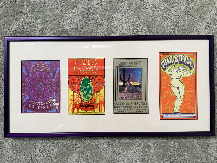 Just Added - (4) Vintage Sixties Psychedelic Concert Handbills From Avalon Ballroom / Fillmore Auditorium In SF: Jefferson Airplane, Muddy Waters, Butterfield Blues Band, B.B. King, The Kinks, Taj Mahal, Santana Blues Band & More Framed 25.5' X 12' [Photo 2]