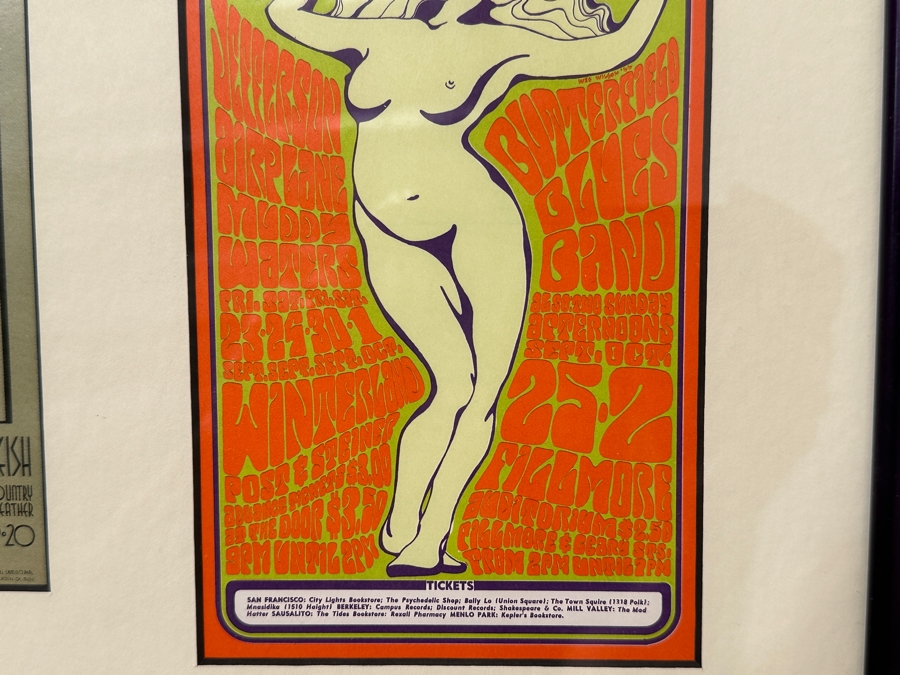 Just Added - (4) Vintage Sixties Psychedelic Concert Handbills From Avalon Ballroom / Fillmore Auditorium In SF: Jefferson Airplane, Muddy Waters, Butterfield Blues Band, B.B. King, The Kinks, Taj Mahal, Santana Blues Band & More Framed 25.5' X 12' [Photo 12]