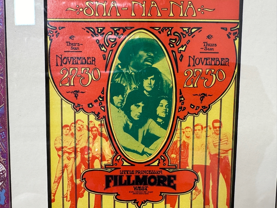 Just Added - (4) Vintage Sixties Psychedelic Concert Handbills From Avalon Ballroom / Fillmore Auditorium In SF: Jefferson Airplane, Muddy Waters, Butterfield Blues Band, B.B. King, The Kinks, Taj Mahal, Santana Blues Band & More Framed 25.5' X 12' [Photo 5]