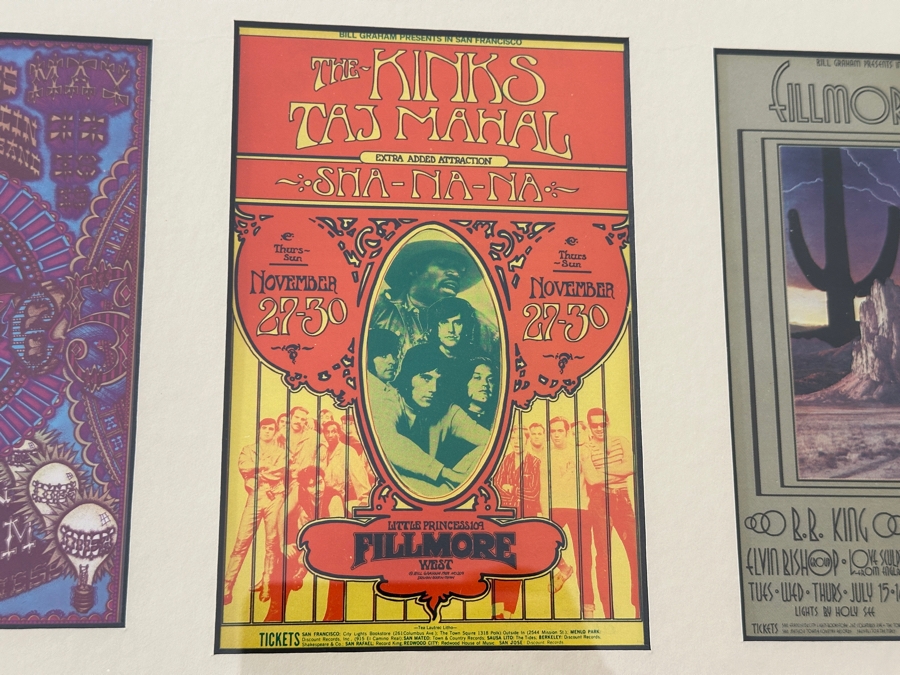 Just Added - (4) Vintage Sixties Psychedelic Concert Handbills From Avalon Ballroom / Fillmore Auditorium In SF: Jefferson Airplane, Muddy Waters, Butterfield Blues Band, B.B. King, The Kinks, Taj Mahal, Santana Blues Band & More Framed 25.5' X 12' [Photo 7]