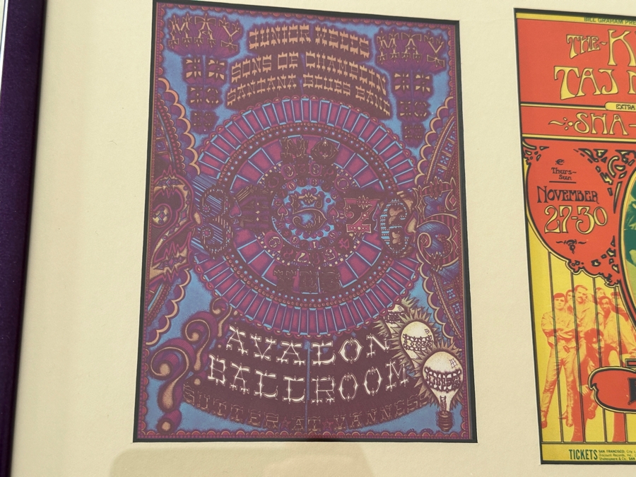 Just Added - (4) Vintage Sixties Psychedelic Concert Handbills From Avalon Ballroom / Fillmore Auditorium In SF: Jefferson Airplane, Muddy Waters, Butterfield Blues Band, B.B. King, The Kinks, Taj Mahal, Santana Blues Band & More Framed 25.5' X 12' [Photo 6]
