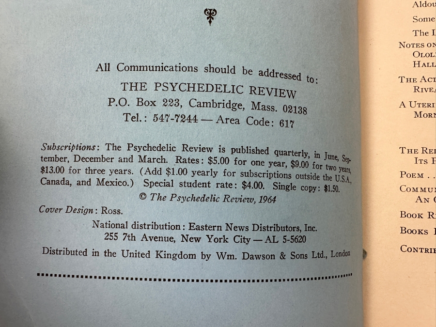 Just Added - Vintage 1964 Psychedelic Review Vol. 1 No. 3 - Aldous Huxley Memorial Issue - Featuring Articles By Timothy Leary [Photo 3]