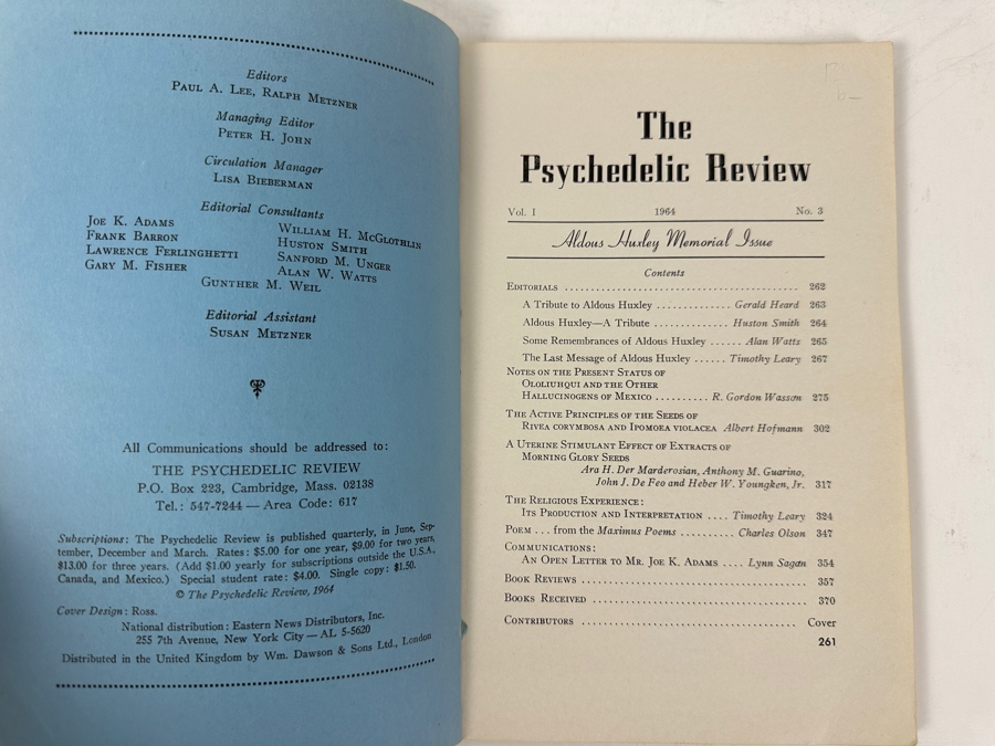 Just Added - Vintage 1964 Psychedelic Review Vol. 1 No. 3 - Aldous Huxley Memorial Issue - Featuring Articles By Timothy Leary [Photo 2]