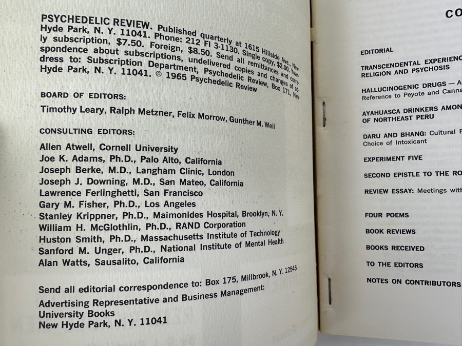 Just Added - Pair Of Vintage 1965 Psychedelic Review Journals No. 6 Featuring Articles On Transcendental Experience, Religion, Psychosis, And Surveys Of Drug Use Including Peyote, Ayahuasca, And Bhang [Photo 2]