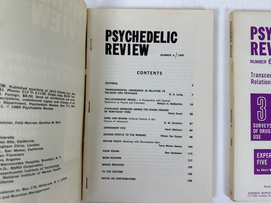 Just Added - Pair Of Vintage 1965 Psychedelic Review Journals No. 6 Featuring Articles On Transcendental Experience, Religion, Psychosis, And Surveys Of Drug Use Including Peyote, Ayahuasca, And Bhang [Photo 3]