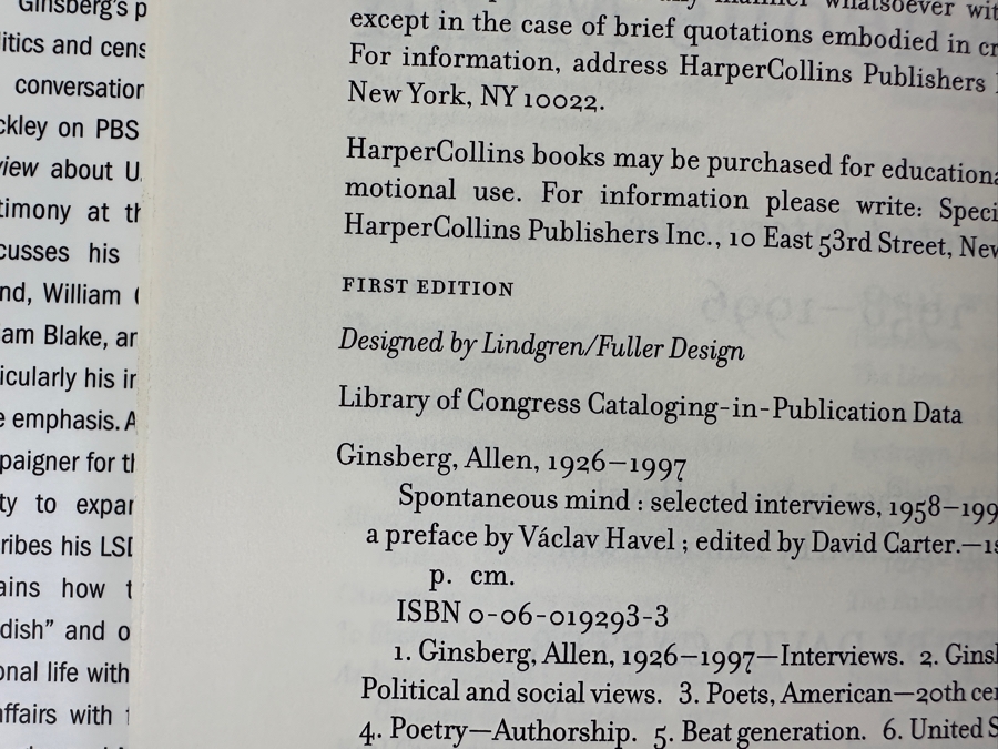 Just Added - 2001 First Edition Hardcover Book Allen Ginsberg Spontaneous Mind: Selected Interviews 1958-1996 [Photo 4]