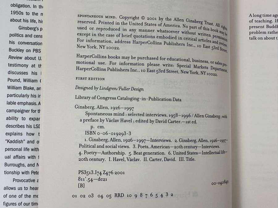 Just Added - 2001 First Edition Hardcover Book Allen Ginsberg Spontaneous Mind: Selected Interviews 1958-1996 [Photo 3]