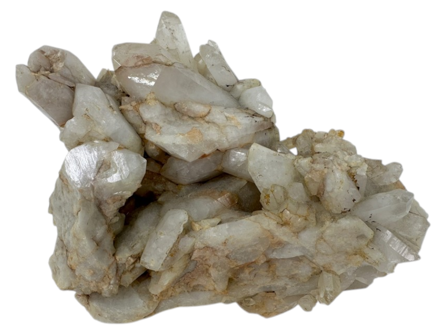 Just Added - A Cluster Of Translucent White Quartz Crystals, Featuring Jagged Forms And Shiny Facets On A Rough, Earth-Toned Matrix 9'W X 5.5'H