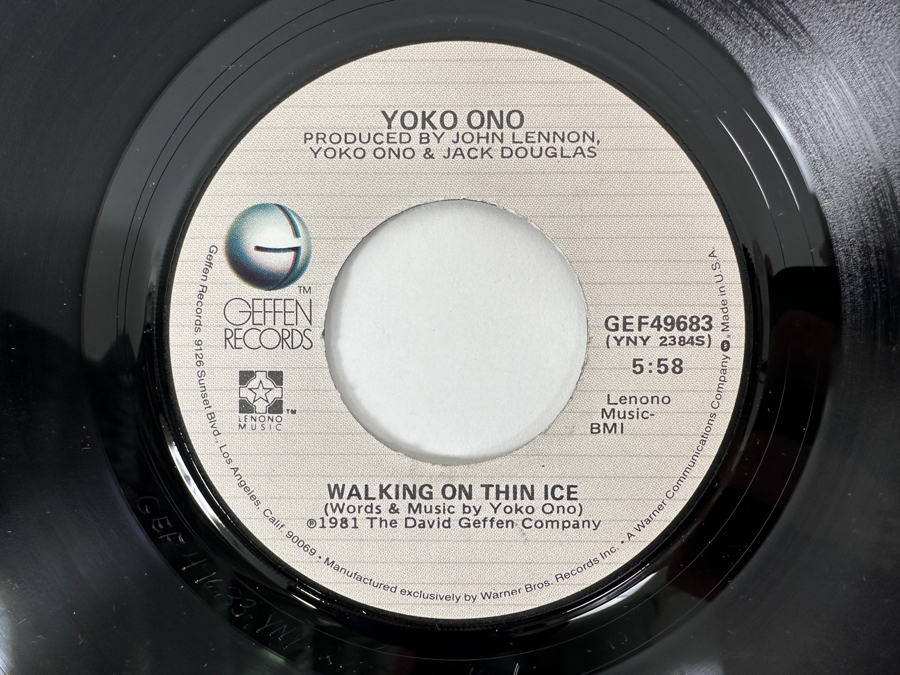 Just Added - Yoko Ono's 'Walking On Thin Ice - For John' Geffen Records GEF 49683 1981 45 RPM Vinyl Record [Photo 3]