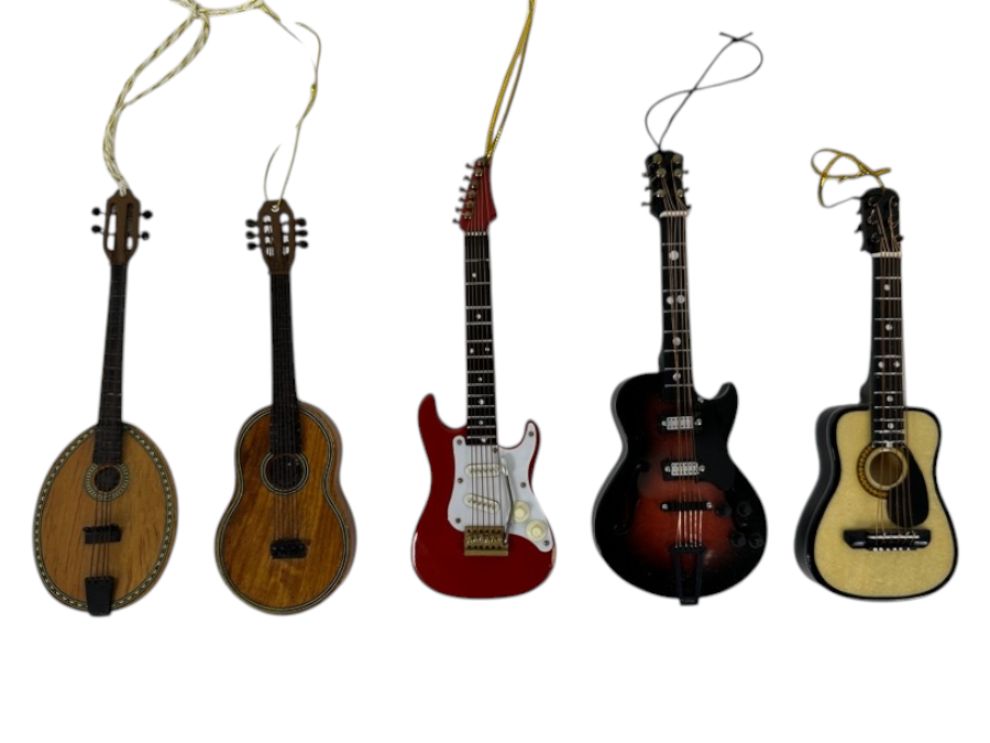 Just Added - Five Miniature Musical Instrument Ornaments Including Guitars And A Mandolin