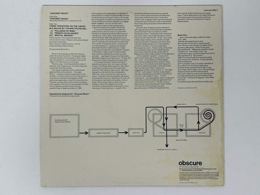 Just Added - Brian Eno - Discreet Music - Obscure Records OBS 3 1975 Vinyl Record [Photo 2]