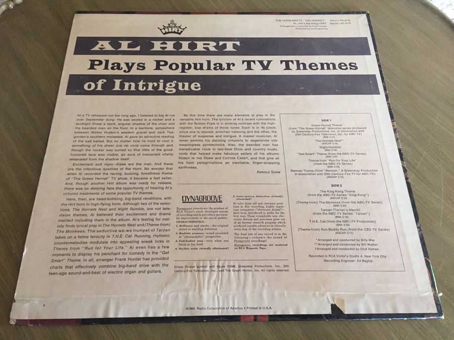 Al (He's The King) Hirt - The Horn Meets 'The Hornet' - RCA Victor ‎- LSP-3716 [Photo 2]