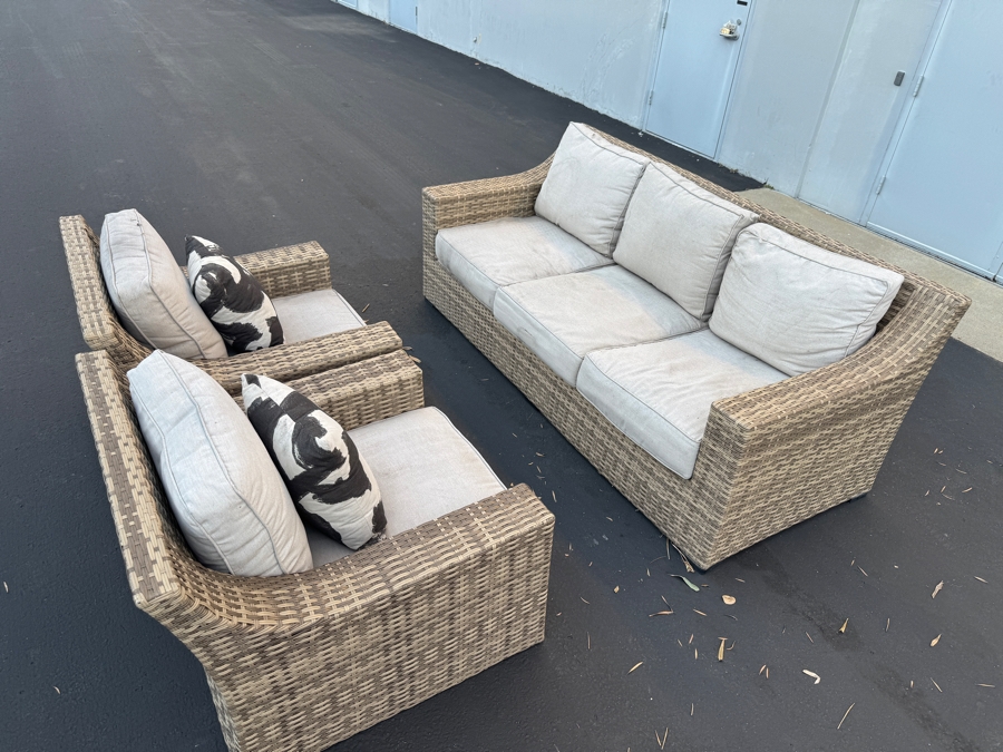 Outdoor Woven Rattan Sofa (82' x 35') And Two Armchairs (35' x 35') with Beige Cushions And Black And White Print Pillows  [Photo 6]
