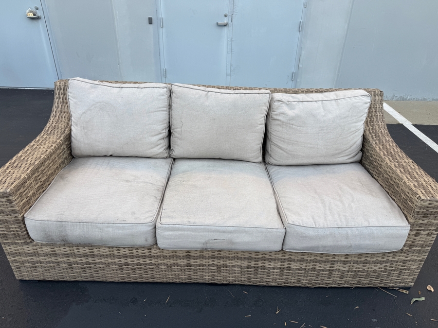 Outdoor Woven Rattan Sofa (82' x 35') And Two Armchairs (35' x 35') with Beige Cushions And Black And White Print Pillows  [Photo 4]