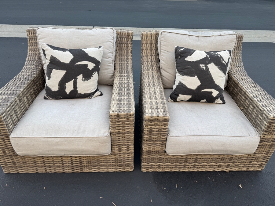 Outdoor Woven Rattan Sofa (82' x 35') And Two Armchairs (35' x 35') with Beige Cushions And Black And White Print Pillows  [Photo 5]