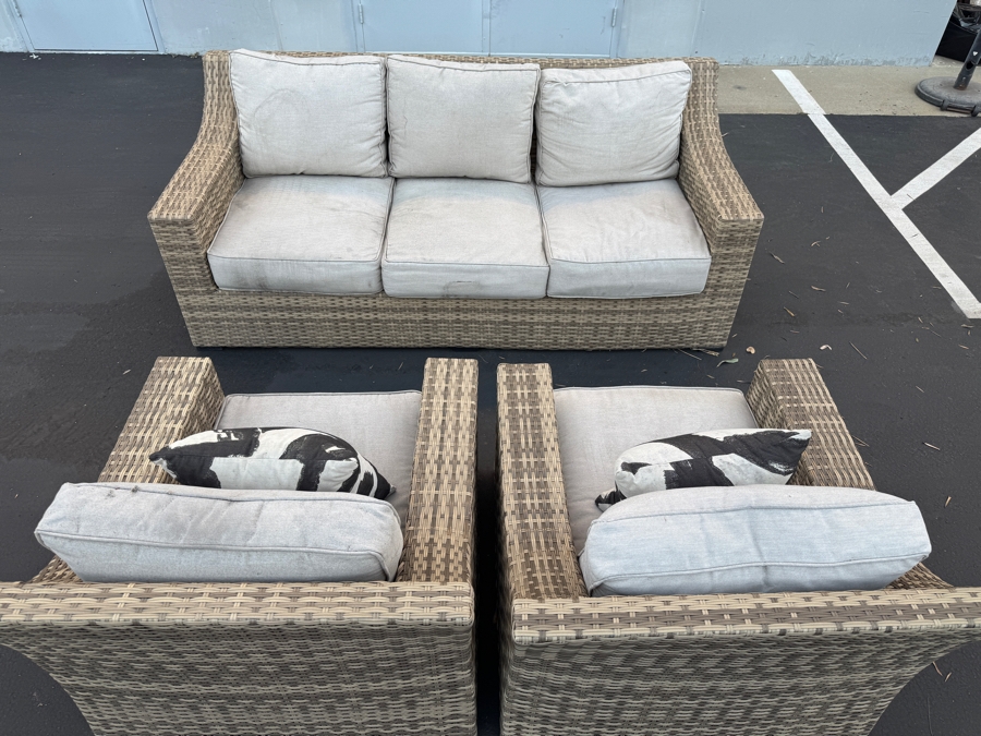 Outdoor Woven Rattan Sofa (82' x 35') And Two Armchairs (35' x 35') with Beige Cushions And Black And White Print Pillows  [Photo 2]