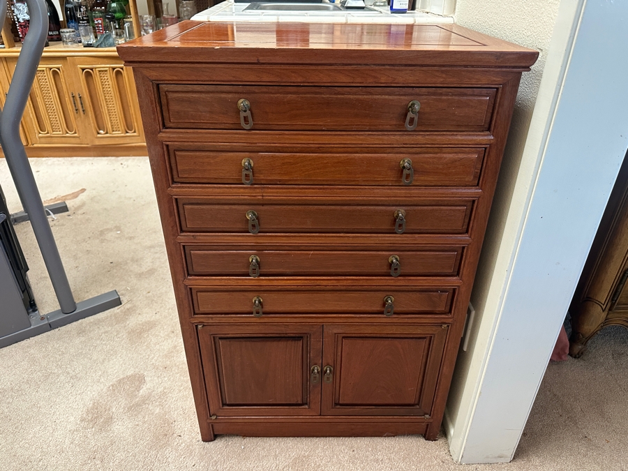 Vintage Chinese Hardwood Silverware Chest Cabinet With Five Drawers And Two Doors - Includes An Oneida Stainless Steel Flatware Service For Approximately 20 - 24W x 17D x 36H - See Photos [Photo 8]